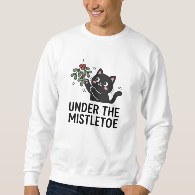 Svart katt som leker med misteltoe festlig tecknad lång ärmad tröja (Framsida)