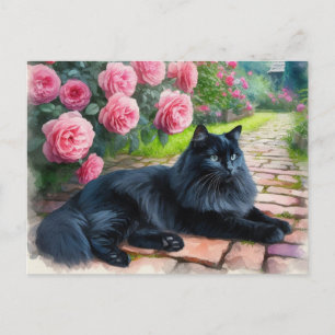 Svart katt som ligger vid rosa peonior Djurälskare Vykort