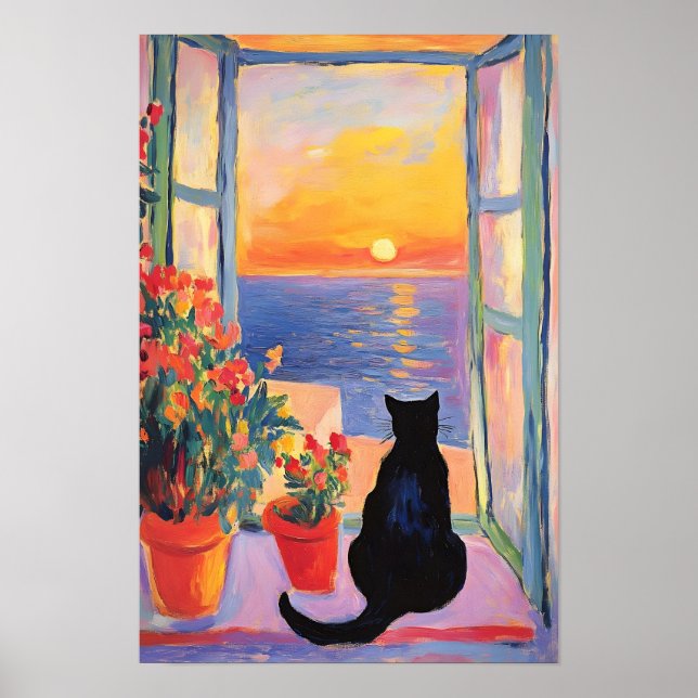 Svart katt som njuter av havsutsikten poster (Framsidan)