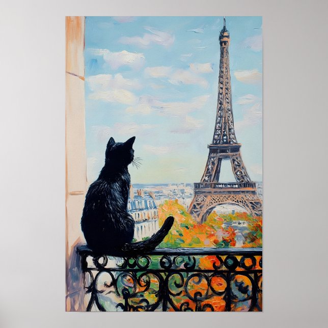 Svart katt som njuter av utsikten över Eiffeltorne Poster (Framsidan)