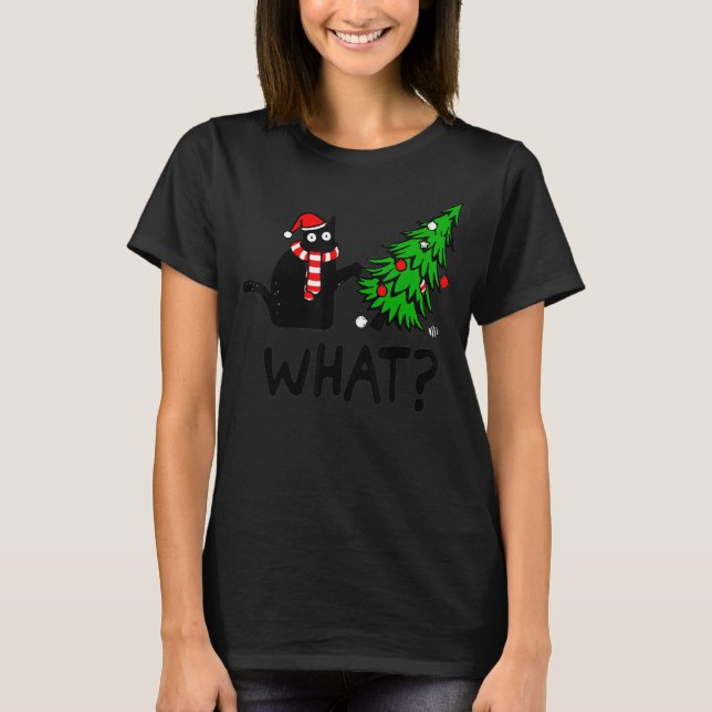 Svart katt som pressar Julgran över katt T Shirt (Framsida)