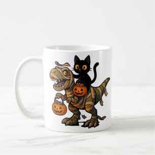 Svart katt som rider på Mummy T-Rex – Söt Hallowee Kaffemugg
