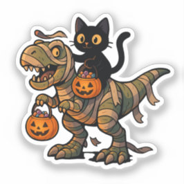 Svart katt som rider på Mummy T-Rex – Söt Hallowee Klistermärken