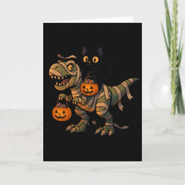 Svart katt som rider på Mummy T-Rex – Söt Hallowee Kort