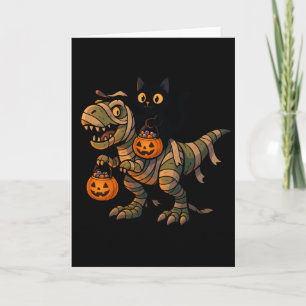 Svart katt som rider på Mummy T-Rex – Söt Hallowee Kort