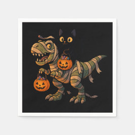 Svart katt som rider på Mummy T-Rex – Söt Hallowee Pappersservett