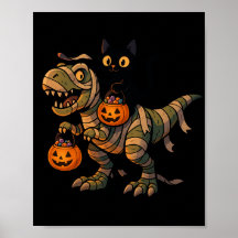 Svart katt som rider på Mummy T-Rex – Söt Hallowee