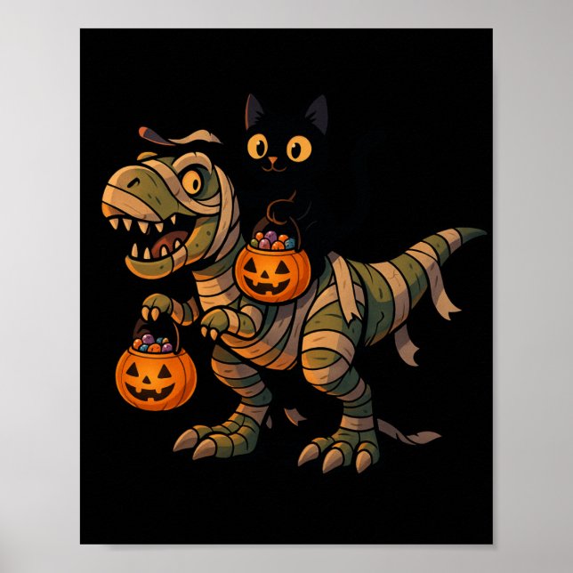 Svart katt som rider på Mummy T-Rex – Söt Hallowee Poster (Framsidan)