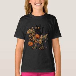 Svart katt som rider på Mummy T-Rex – Söt Hallowee T Shirt