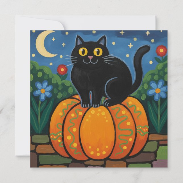 Svart katt som sitter på en höstpumpa  julkort (Framsida)