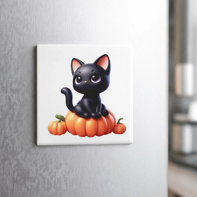Svart katt som sitter på en pumpa magnet (Skapare uppladdad)