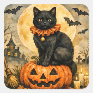 Svart katt som sitter på halloweenpumpa fyrkantigt klistermärke