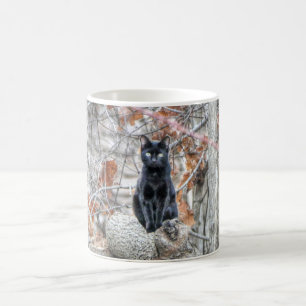 Svart katt som sitter utomhus kaffemugg