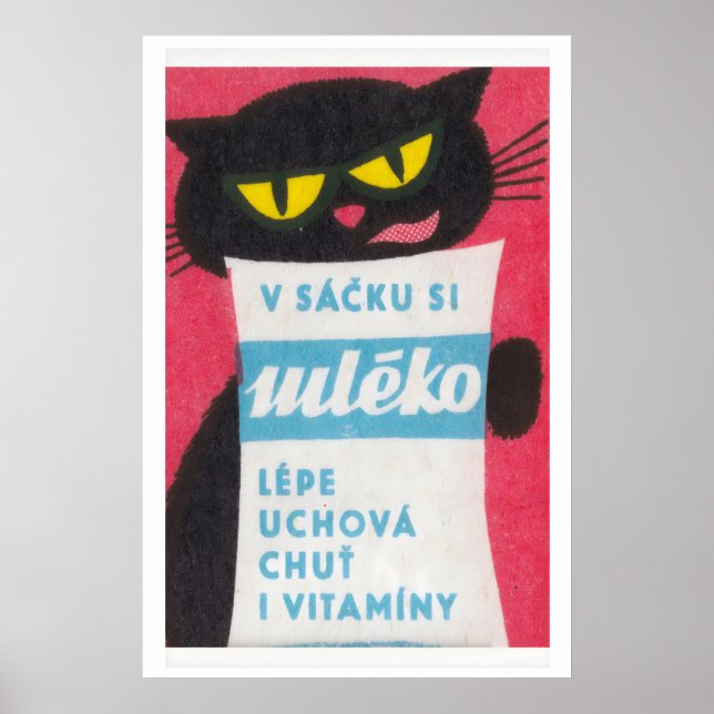 Svart katt som slickar mjölkpåse - Matchbox-utskri Poster (Framsidan)