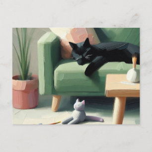 Svart katt som sover på soffan Kattälskare Vykort