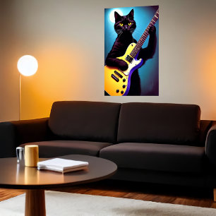 Svart katt som spelar gitarr   AI Art Poster