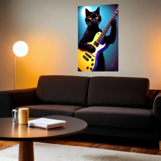 Svart katt som spelar gitarr | AI Art Poster