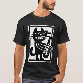 Svart katt som spelar saxofon Jazzmusik Retro kons T Shirt