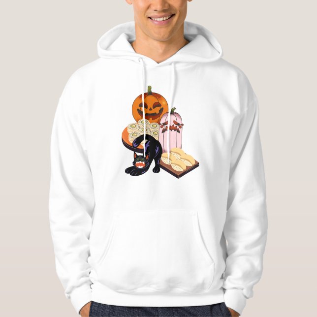 Svart katt som sträcker sig och ledsen pumpa Hallo Hoodie (Framsida)