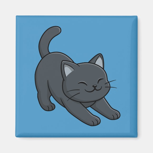 Svart katt som sträcker sig på blå bakgrund magnet (Framsidan)