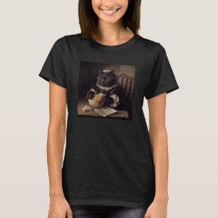 Svart katt som syr pommes frites t shirt