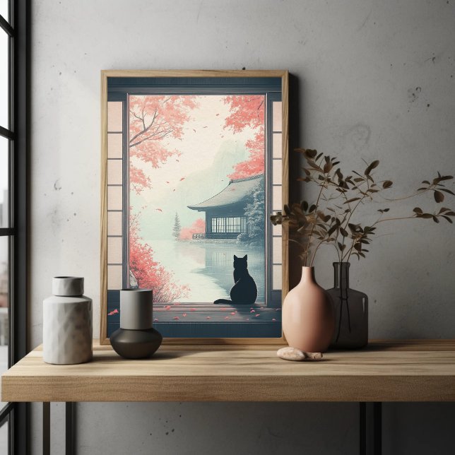 Svart katt som tittar på japansk höstscensbild poster (Skapare uppladdad)