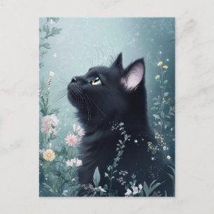 Svart katt som tittar uppåt i magisk blomsterträdg vykort
