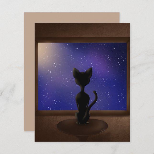 Svart katt som tittar ut genom fönstret natthimlen (Fram/baksida)