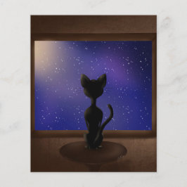 Svart katt som tittar ut genom fönstret natthimlen