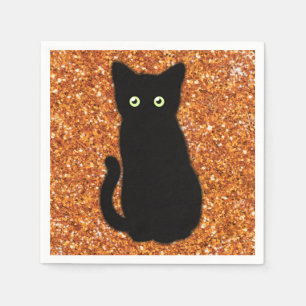 Svart katt, söt kattunge, mousserande orange glitt pappersservett