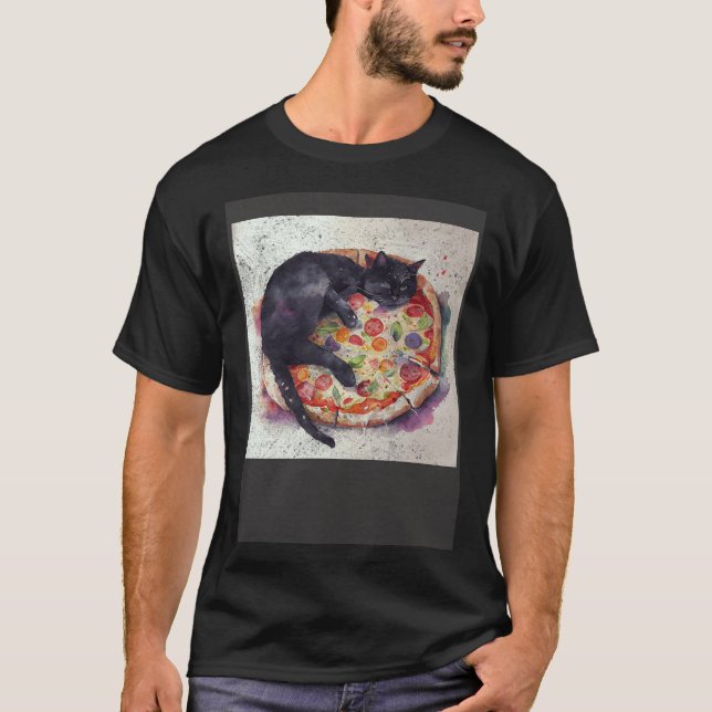 Svart Katt Sova Pizza T Shirt (Framsida)