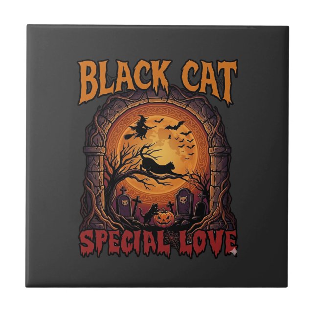 Svart Katt Speciell Kärlek Halloween Mån Häxa Pump Kakelplatta (Framsidan)