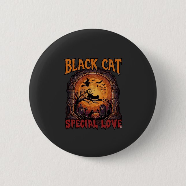 Svart Katt Speciell Kärlek Halloween Måne Häxa Pum Knapp (Framsida)