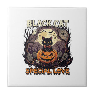 Svart Katt Speciell Kärlek Halloween Pumpa Fullmån Kakelplatta