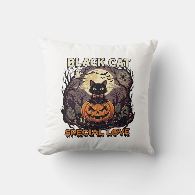 Svart Katt Speciell Kärlek Halloween Pumpa Fullmån Kudde (Framsida)