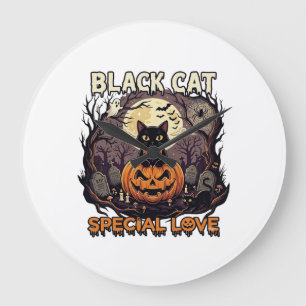 Svart Katt Speciell Kärlek Halloween Pumpa Fullmån Stor Klocka