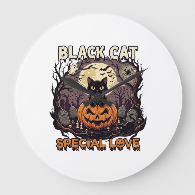 Svart Katt Speciell Kärlek Halloween Pumpa Fullmån Stor Klocka (Framsida)