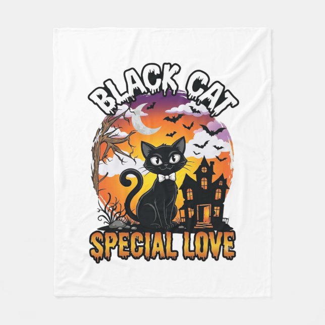 Svart Katt Speciell Kärlek Halloween Spökhus Fladd Fleecefilt (Framsidan)