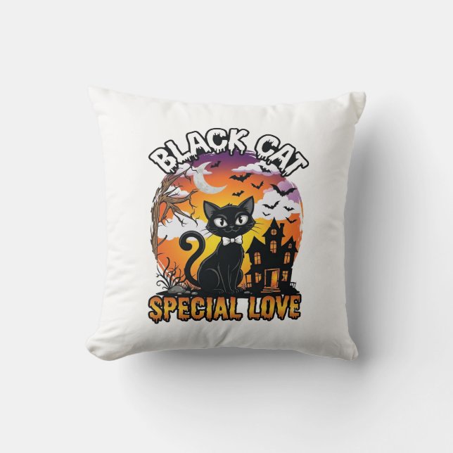 Svart Katt Speciell Kärlek Halloween Spökhus Fladd Kudde (Framsida)