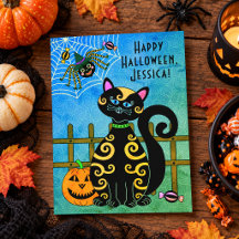 Svart Katt Spindel Häxa Anpassat Namn Halloween