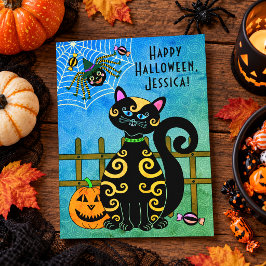 Svart Katt Spindel Häxa Anpassat Namn Halloween  Helg Vykort
