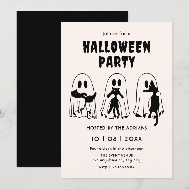 svart katt spök halloween  inbjudningar (Fram/baksida)