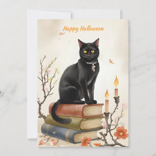 Svart katt & spökböcker Vattenfärg Halloween Julkort