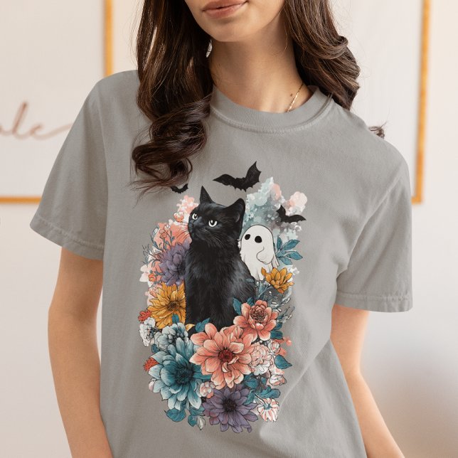 Svart katt spöke Halloween blommig  T Shirt (Skapare uppladdad)