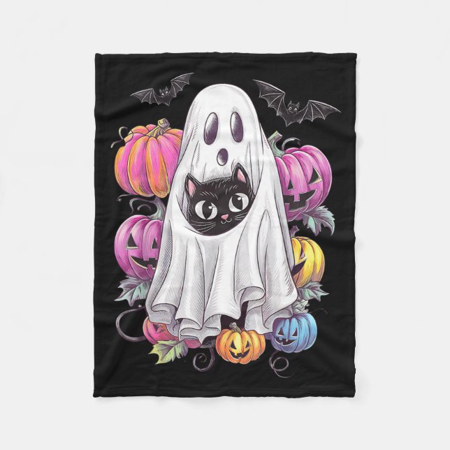 Svart katt spöke med pumpor kuslig Halloween Fleecefilt (Framsidan)