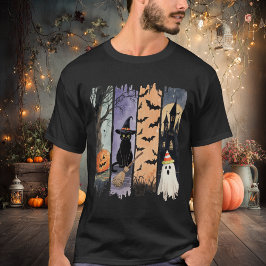 Svart katt, spöke, pumpa, fladdermöss & spökhus t shirt