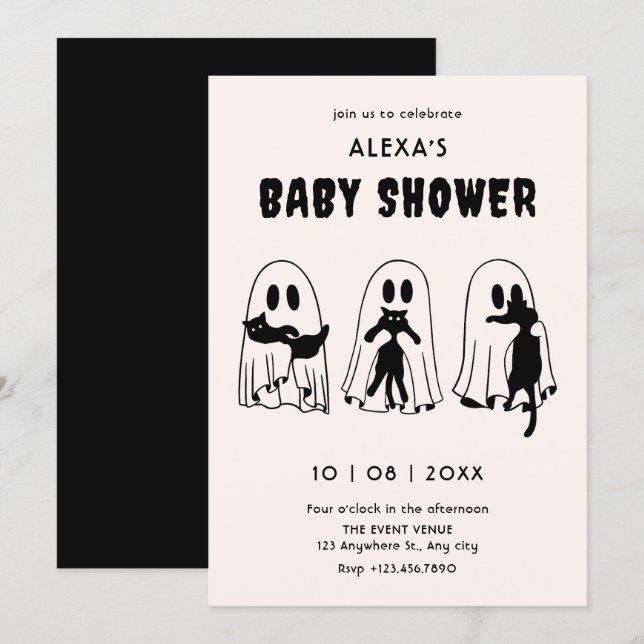 svart katt spöke rolig baby shower inbjudningar (Fram/baksida)
