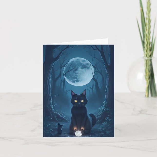 Svart katt spöklik skog Blank vit kristall Kort (Framsida)