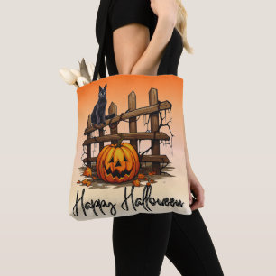 Svart Katt Staket Jack-O' Lantern Orange Halloween Tygkasse