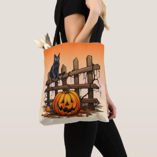 Svart Katt Staket Jack-O' Lantern Orange Halloween Tygkasse
